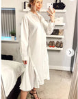 Cotton shirt dress with Pleated  chiffon hem design in white