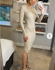 Ribbed midi Knit dress long sleeves in plain beige