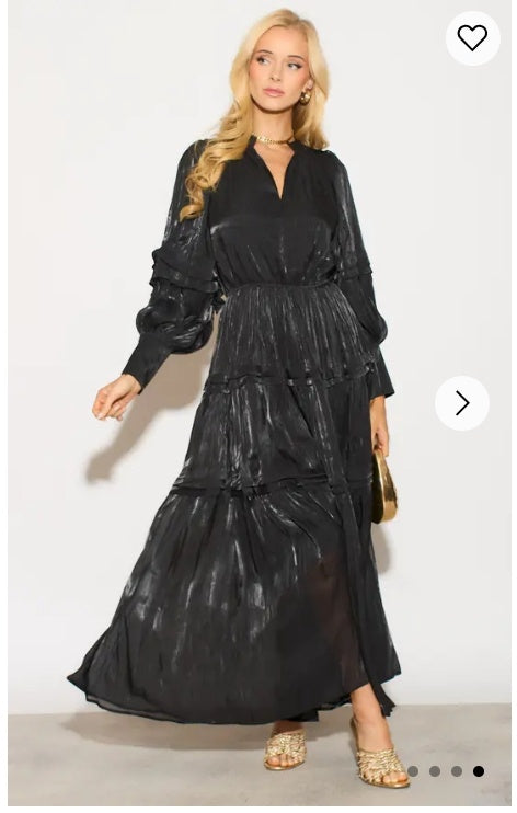 Silky feeling organza midi dress with ruffle design on sleeves and skirt hem in Black