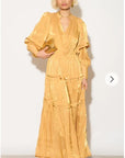 Silky feeling organza midi dress with ruffle design on sleeves and skirt hem in yellow