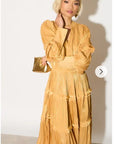 Silky feeling organza midi dress with ruffle design on sleeves and skirt hem in yellow