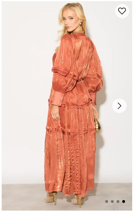 Silky feeling organza midi dress with ruffle design on sleeves and skirt hem in Rose Gold