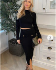 Long sleeves top with buttons design and midi skirt co-ords suits in black