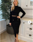 Long sleeves top with buttons design and midi skirt co-ords suits in black