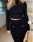 Long sleeves top with buttons design and midi skirt co-ords suits in black