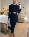 Long Sleeve Knit crop top with side lace up midi skirt co-ords in black