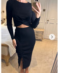 Long Sleeve Knit crop top with side lace up midi skirt co-ords in black