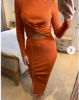 Long Sleeve Knit crop top with side lace up midi skirt co-ords in brown