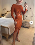 Long Sleeve Knit crop top with side lace up midi skirt co-ords in brown