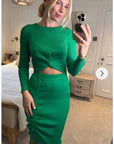 Long Sleeve Knit crop top with side lace up midi skirt co-ords in green