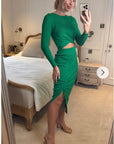 Long Sleeve Knit crop top with side lace up midi skirt co-ords in green