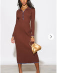 Brown color Soft knit long sleeves bodycon dress with blue line contrast design