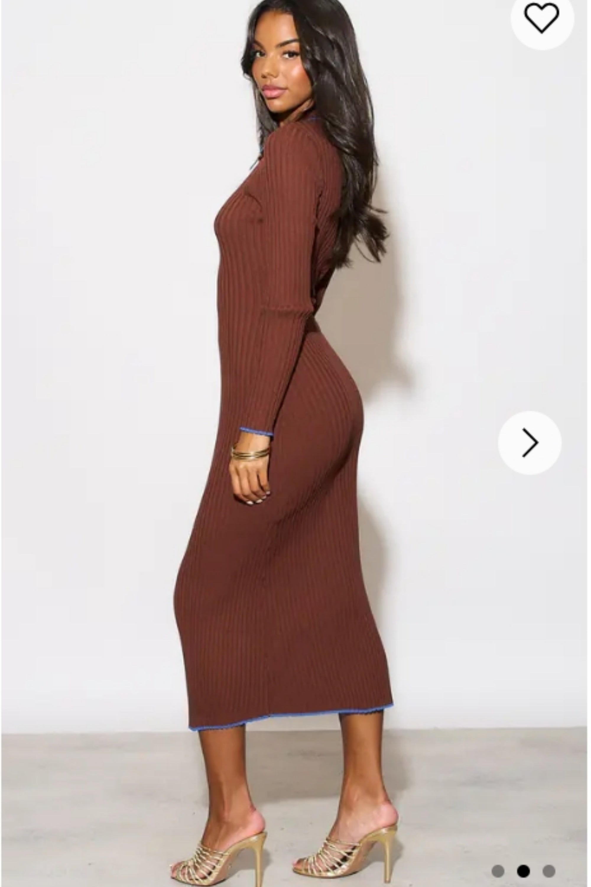 Brown color Soft knit long sleeves bodycon dress with blue line contra CYLONDON Brown color Soft knit long sleeves bodycon dress with blue line contra CYLONDON