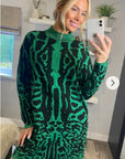 Fine Knit Leopard Print Pattern design Jumper Dress in Green