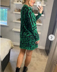 Fine Knit Leopard Print Pattern design Jumper Dress in Green