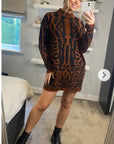 Fine Knit Leopard Print Pattern design Jumper Dress in Coffee Brown