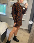 Fine Knit Leopard Print Pattern design Jumper Dress in Coffee Brown
