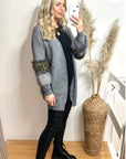 Faux leopard print fur cardigan with embellishment