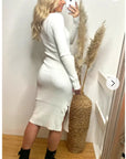 Fine knit bodycon dress with knot tie design in cream white