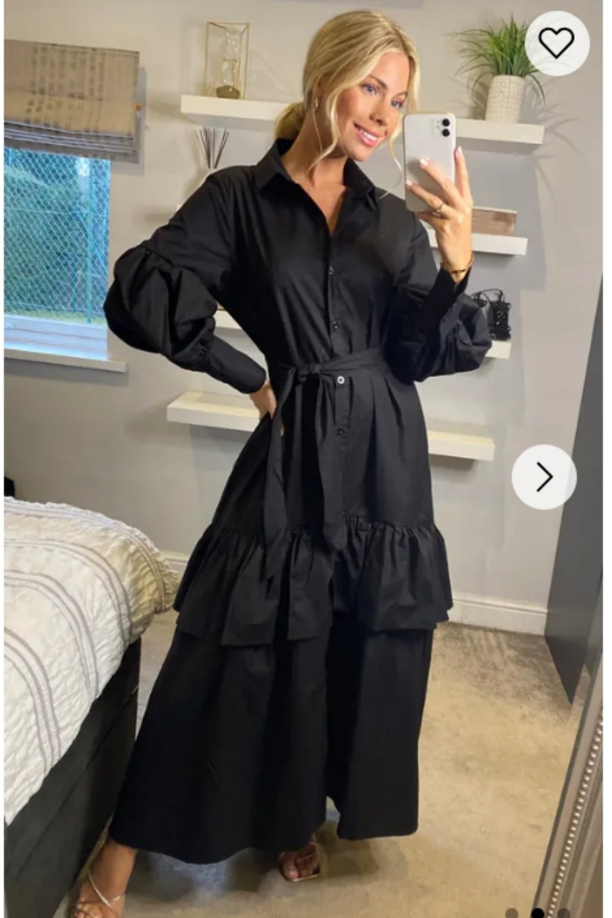 Puff sleeve shirt dress with tiered hem skirt in black