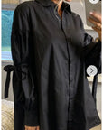 Oversized Ballon sleeves with tie up cotton blend shirt dress in black