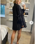 Oversized Ballon sleeves with tie up cotton blend shirt dress in black
