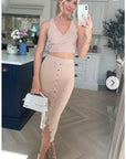 Wrap deigned sleeveless vest top and midi skirt co-ords suits in beige