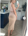 Wrap deigned sleeveless vest top and midi skirt co-ords suits in beige