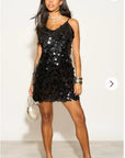 Circle Disc Sequin Strappy Short Dress in Black