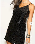 Circle Disc Sequin Strappy Short Dress in Black