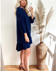 Long Sleeve Oversized Linen Shirt Dress in Navy Blue