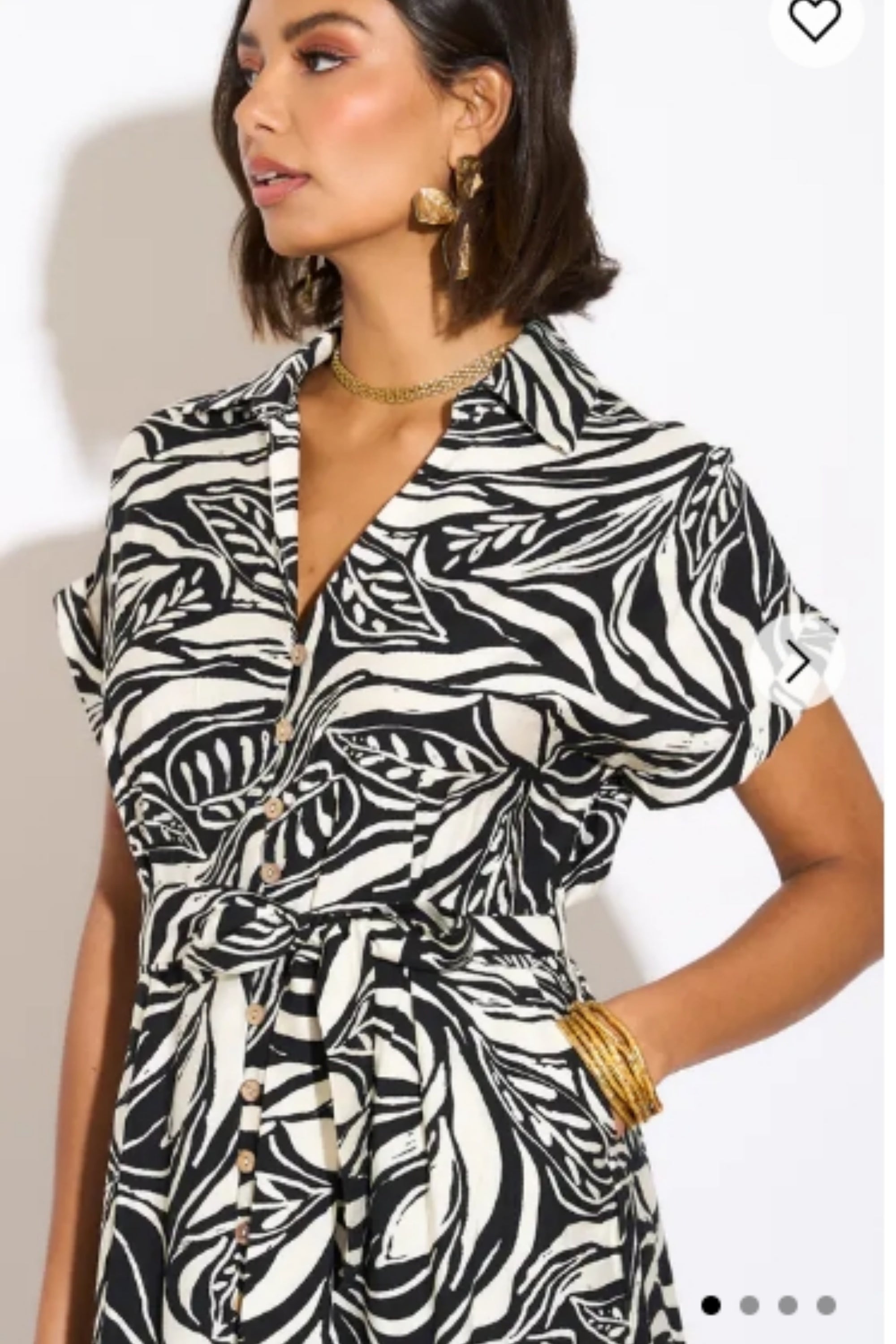 Multi Leaves' print Cotton Linen shirt dress short sleeves in Black
