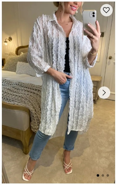 Oversized shirt dress in white with chiffon ruffle stripe design