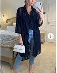 Oversized shirt dress in black with chiffon ruffle stripe design