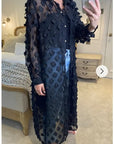 Oversized long shirt dress with floral embellished design in black