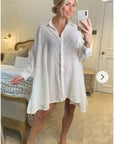 Oversized shirt dress in white with shimmy hues fabric design