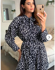 Long Sleeve Shirt Dress with Tie Waist in Black and White Print