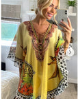 Leopard scarf print chiffon kaftan Top in yellow