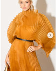 Pleated long dress with organza pleated cape sleeves in Gold