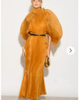 Pleated long dress with organza pleated cape sleeves in Gold