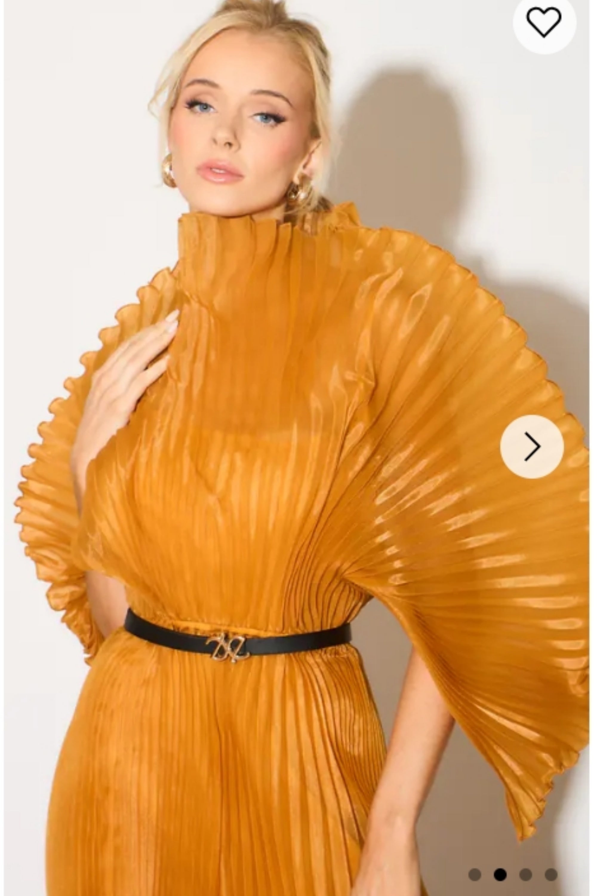 Pleated long dress with organza pleated cape sleeves in Gold