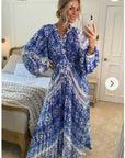 Blue monochrome scarf print pleated long shirt dress