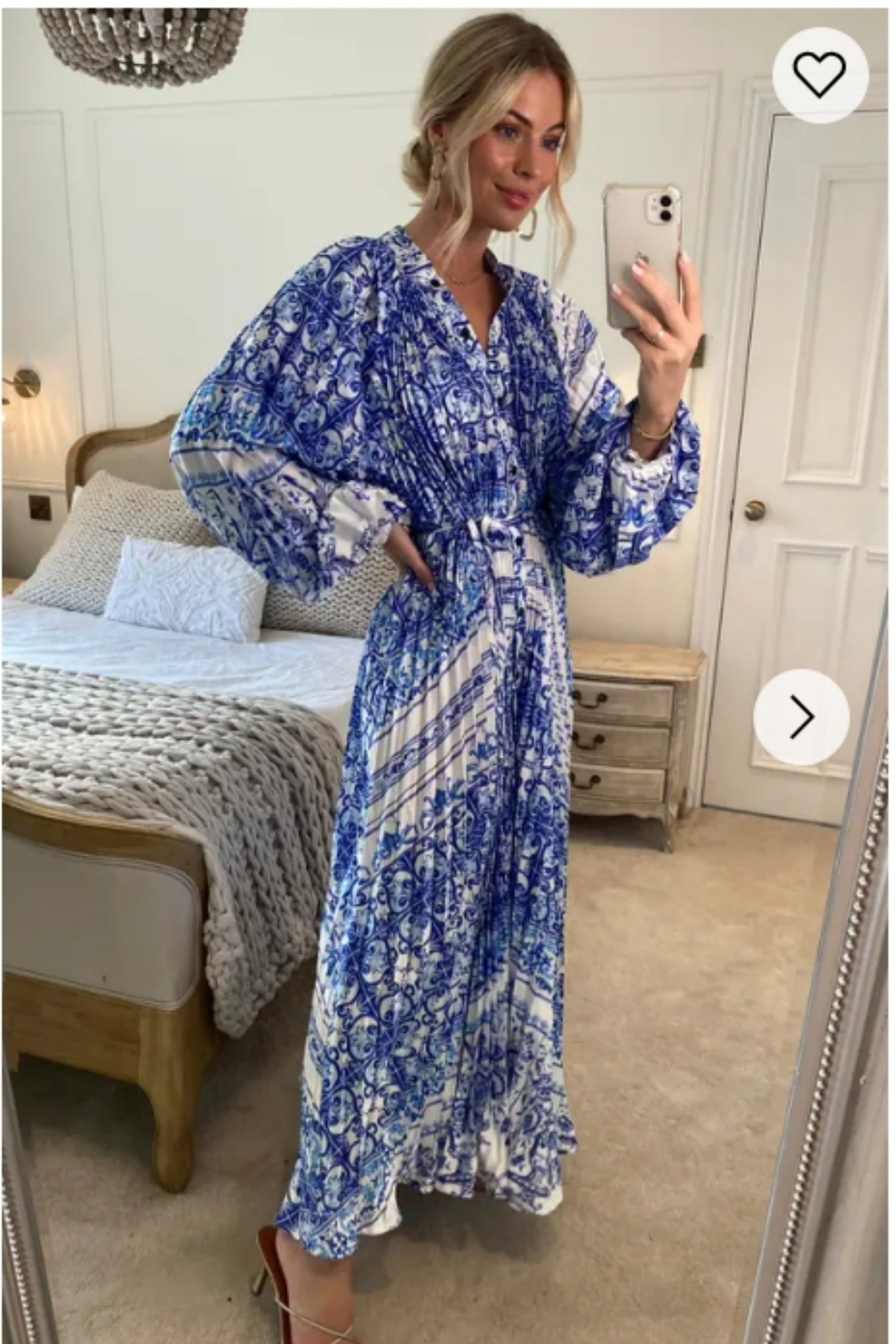 Blue monochrome scarf print pleated long shirt dress
