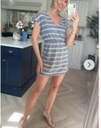 Short Sleeve V Neck Mini Dress In Grey Stripe