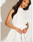 Stand Collar Shift Dress With Heavily Gathered Tiered Mesh Frills Shirt Hem Design In White