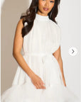 Stand Collar Shift Dress With Heavily Gathered Tiered Mesh Frills Shirt Hem Design In White
