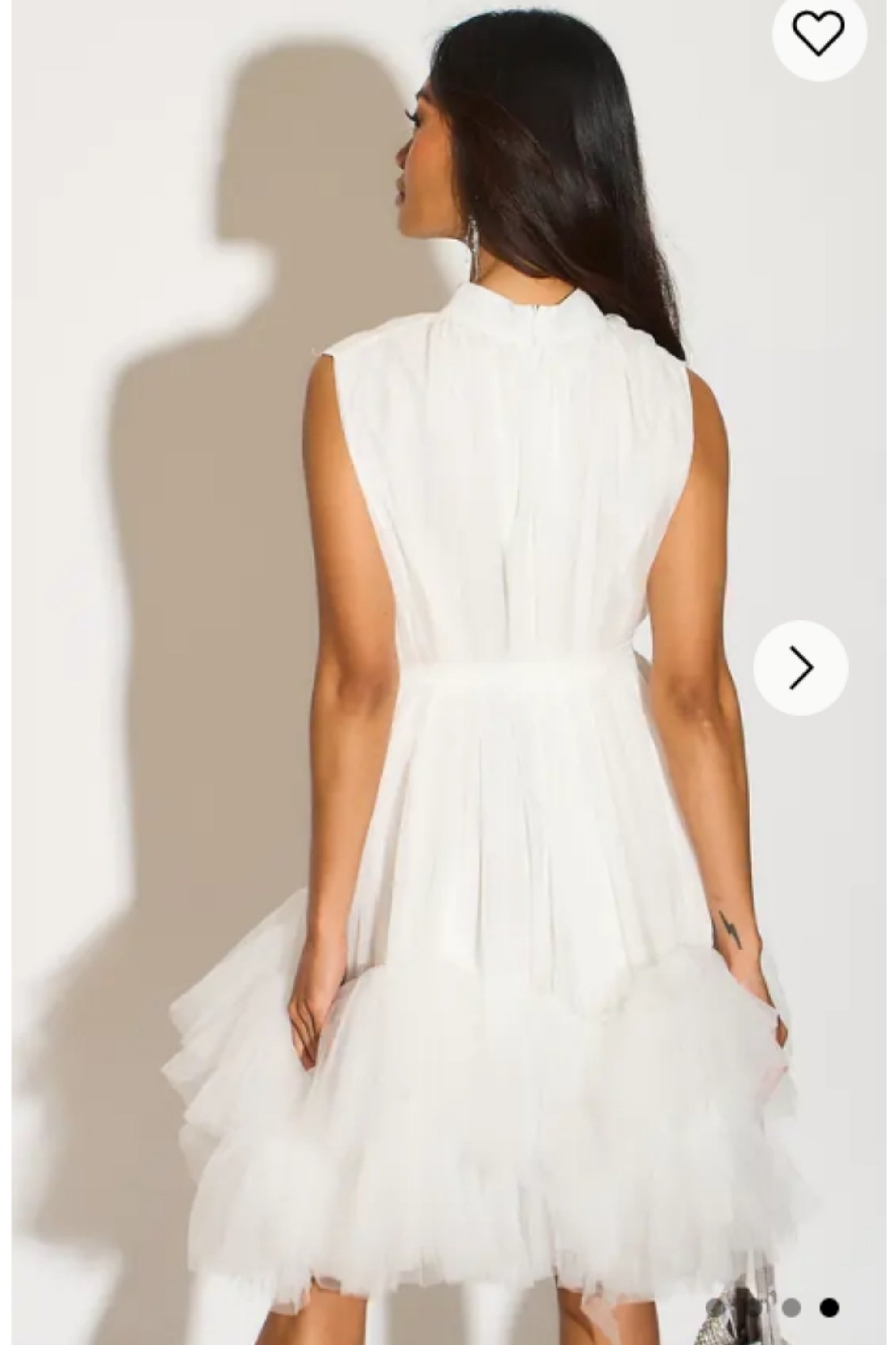 Stand Collar Shift Dress With Heavily Gathered Tiered Mesh Frills Shirt Hem Design In White