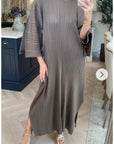 Full Length Pleated maxi dress with cap sleeves in medium grey