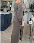 Full Length Pleated maxi dress with cap sleeves in medium grey