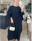 Full Length Pleated maxi dress with cap sleeves in black